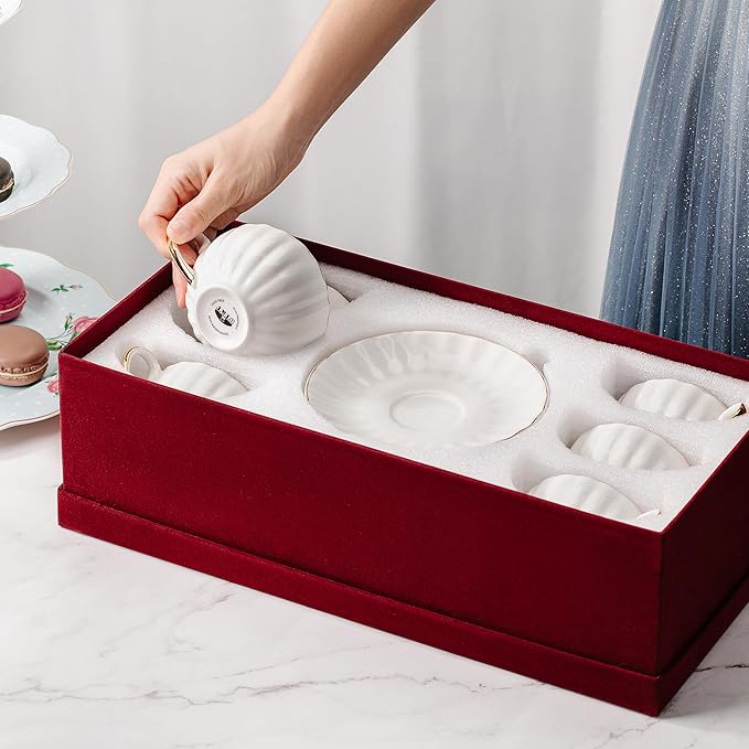 BTaT- White Tea Cups and Saucers with Gift Box, 7oz, Set of 6 Tea Cups Set of 6 with Gold Rim, Christmas Gifts
