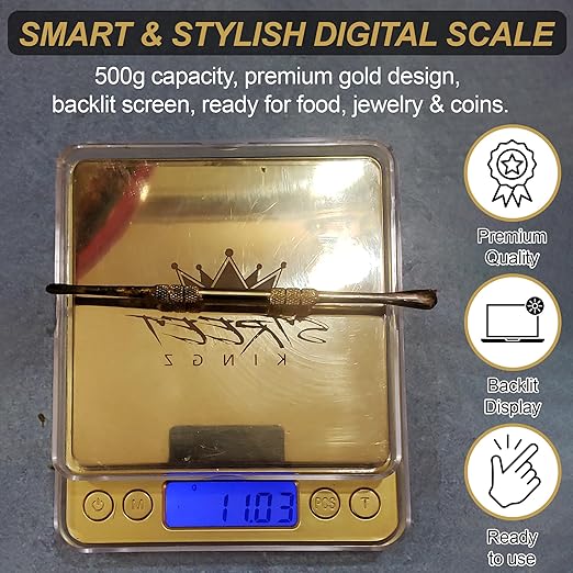 Street Kingz Gold Digital Jewelry Scale - 500g High Precision Food Scale with Multi-Unit Conversion & Piece Counting - Portable Small Digital Scale, Includes 2 Weighing Bowls