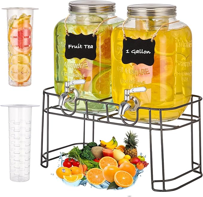 1 Gallon Glass Drink Dispensers for Parties, 2PACK Beverage Dispenser with Stand, Fruit Infuser and Stainless Steel Spigot 100% Leakproof, Beverage Dispenser for Lemonade Sun Tea