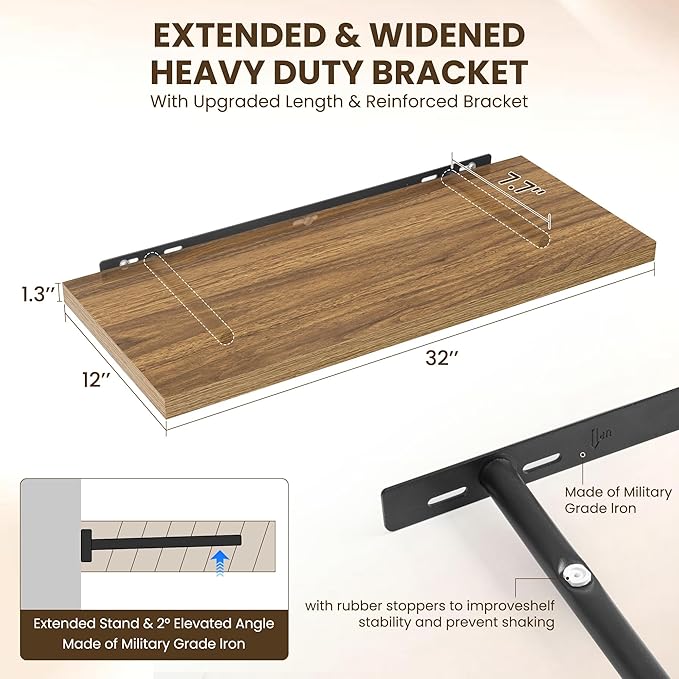 Dreamland 32" Floating Shelves for Wall, 12" Deep Slim Walnut Floating Shelves, Wall-Mounted Shelves for Bedroom, Living Room, Kitchen, Bathroom - Set of 2