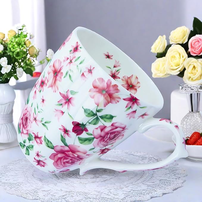 14oz Bone China Coffee Mugs for Women Floral Coffee Mug Tea Cups Novetly Coffee Cups Gift for Women Mom Friends