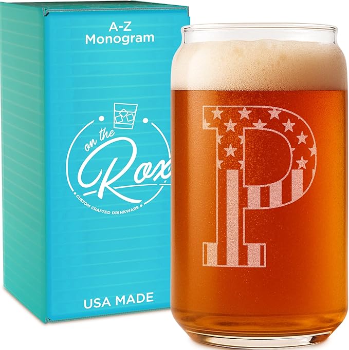 Monogram Beer Glasses for Men (A-Z) 16 oz - Beer Gifts for Men Brother Son Dad Neighbor - Unique Gifts for Him - Personalized Drinking Gift Beer Glass Mugs - Engraved Beer Can Glass (P)