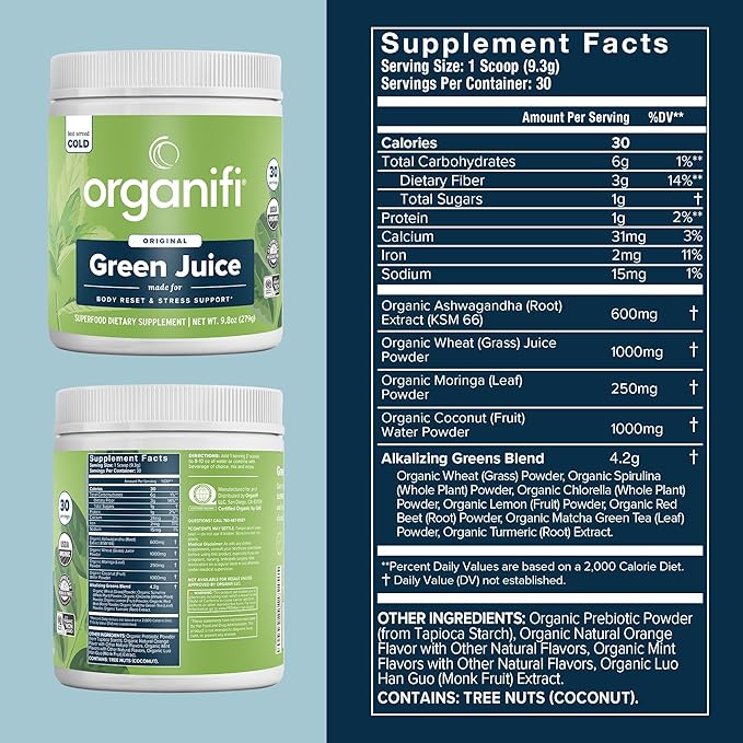 Organifi Green Juice - Powder Supplement with Organic Spirulina, Ashwagandha, and Chlorella - Helps Achieve Fitness Goals and Reduce Cortisol Levels, 30-Day Supply