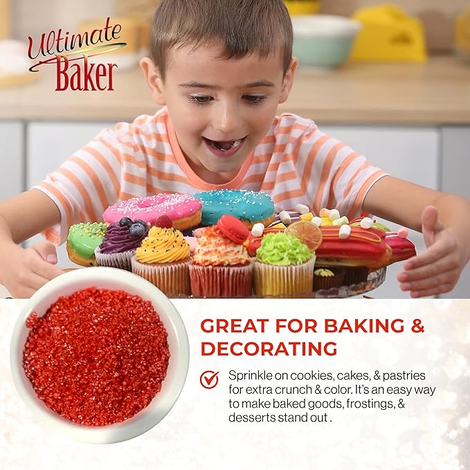 Ultimate Baker - Sanding Sugar, Red - Vibrant, Naturally Colored Baking & Decorating Sugar, Perfect for Sprinkling on Cakes, Desserts & Ice Cream, Medium Crystal - 16oz