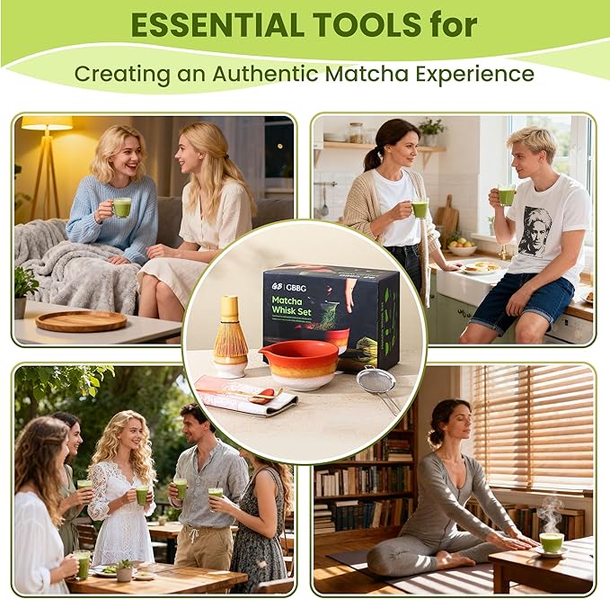 Matcha Whisk Set, Ceramic Matcha Kit Desert Style, Matcha Whisk and Bowl, Bamboo Scoop and Rest, Sifter and Tea Towel, 7 Pcs Gifts for Matcha Lover - Matte Soil