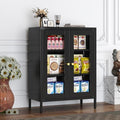 Black Metal Storage Cabinet with Glass 2 Doors - 31.5''H Bathroom Floor Storage Cabinet, 3 Tier Locker with Adjustable Shelves,Bathroom Cabinet for Office, Home, Living Room, Kitchen