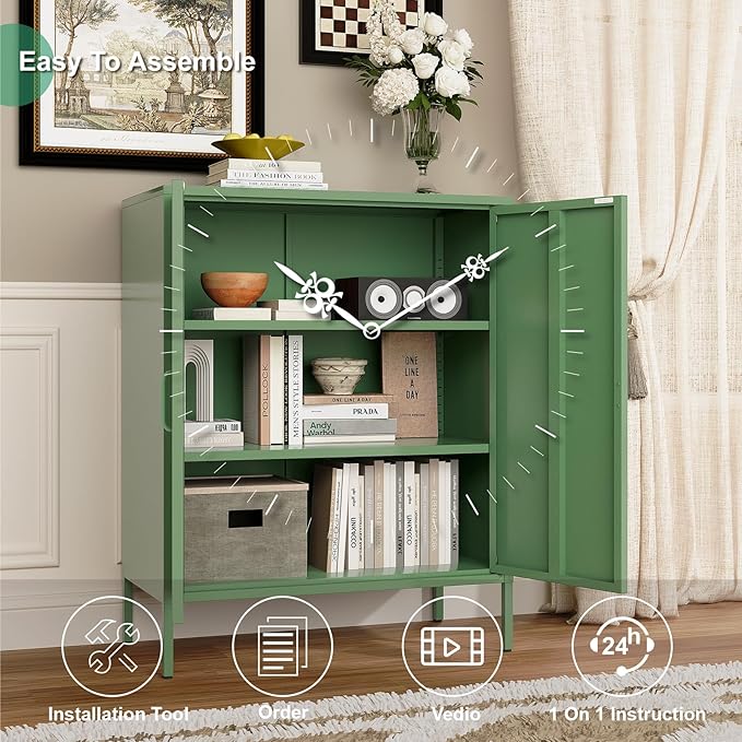 Green Metal Cabinet，Bathroom Floor Storage Cabinet,40"H Small Cabinets With Doors,2 Door Metal Towel Freestanding Cabinet For Small Spaces,Two Door Hallway Short Cupboard,Low Cabinet For Living Room