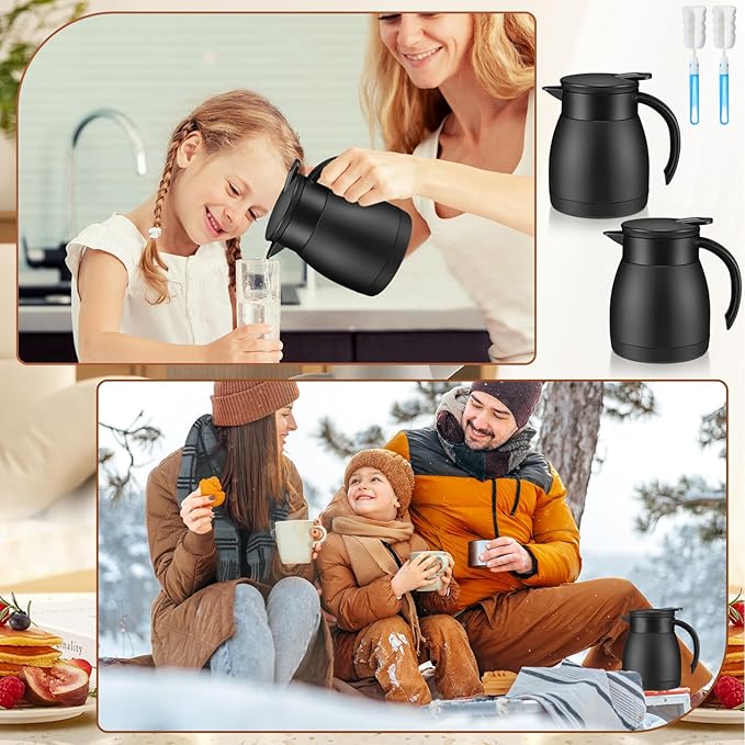 Uiifan 2 Pcs 17 Oz Thermal Coffee Carafe Stainless Steel Insulated Vacuum Coffee Carafes Double Walled Vacuum Thermal Pot Flask with Brushes for Keeping Cold Hot Tea Water Milk Home Office (Black)