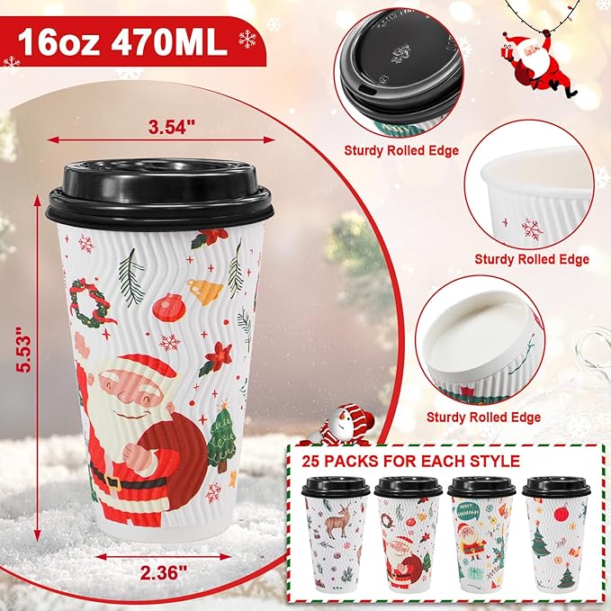 100 Pack Christmas Coffee Cups with Lids 16oz, Disposable Insulated Ripple Wall To Go Paper Coffee Cups for Hot/Cold Drinks Office Home Shop Event (Colorful)