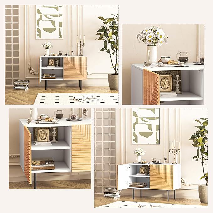 roomfitters Boho Sidboard Buffet Cabinet, Mid Century Accent Cabinet with Doors, Poplar Wood Print Carved and Geometric Design, Media Console for Living Room