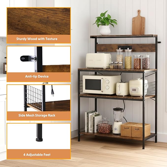 Simple Deluxe Kitchen Bakers Rack with Power Outlet, Coffee Bar Accessories Table, 4-Tier Adjustable Storage Shelf for Spices, Freestanding Appliance Organizer, 31.5 Inch, Rustic Brown