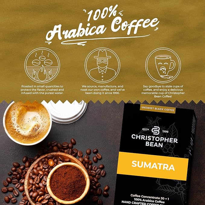 Christopher Bean Coffee - 396 servings, 30 to 1 Blend Bag in Box Liquid Instant Coffee or Cold Brew Coffee Concentrate - Hot or Iced Coffee - Sumatra Brew