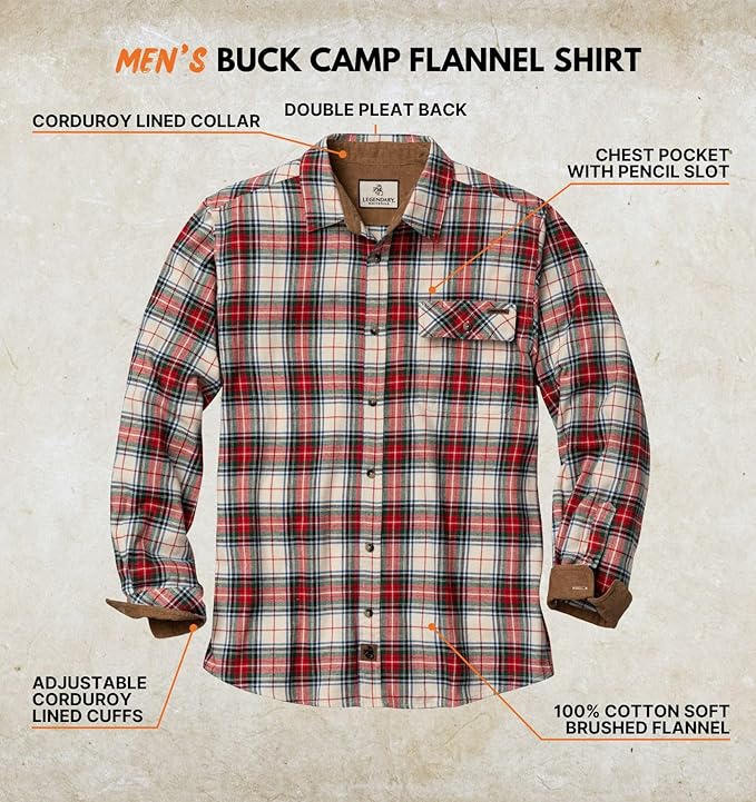 Legendary Whitetails Men's Flannel Shirt Long Sleeve Button Down 100% Cotton