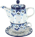 Blue Rose Polish Pottery - Georgia Blue Tea for One - 2 Cup Capacity - Decorative Teapot with Matching Cup, Unique Gift for Tea Lovers and Collectors