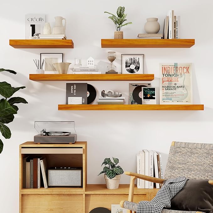 Fun Memories Floating Shelves, 9.3'' Deep Solid Pine Wood Wall Shelves for Storage, Wall Mounted Display Shelf with Invisible Heavy-Duty Metal Bracket, 36'' Width Set of 2, Honey Oak