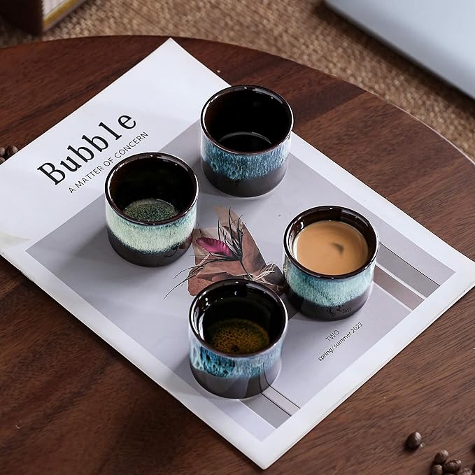 Japanese Tea Cups Set of 6 Ceramic Tea Cups, 2.5 Ounces Ceramic Cups, Matcha Cups(mixed exterior)