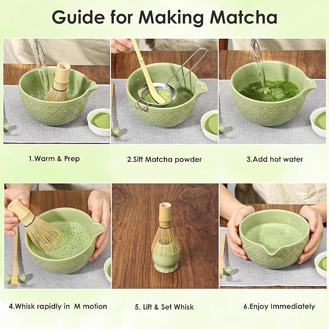 Matcha Whisk Set Matcha Kit - 7 Pcs Japanese Tea Set Includes Matcha Bowl with Spout,Bamboo Whisk with Ceramic Holder,Bamboo Scoop and Rest,Sifter,Tea Towel, for Ceremony Matcha Lovers Gift,Green