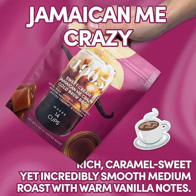 Sarasota Coffee 1905 Cold Brew Coffee Bags | Sweet Cream Jamaican Me Crazy | Blonde-Medium Roast | Smooth & Low Acid | Ground Filter Packs | Cold Brew Kit Makes 14 Cups | Creamy Vanilla & Caramel Notes