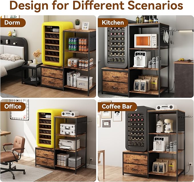 Mini Fridge Stand with Adjustable Shelf, Power Outlet & Storage, Kitchen Organizer for Microwave, Coffee Bar, Dorm, Office (Brown)