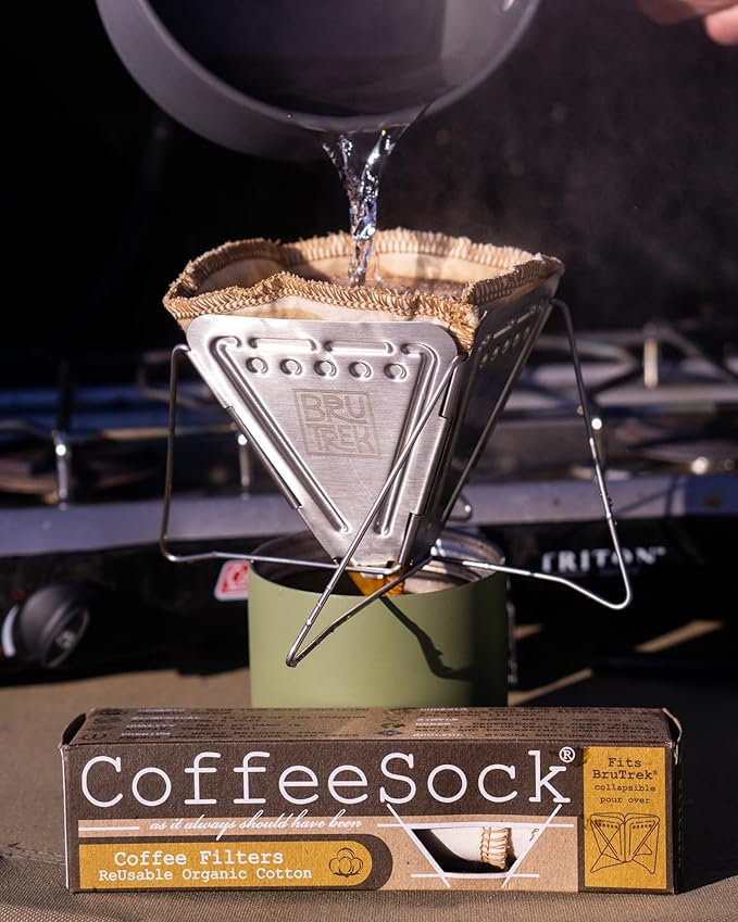 BruTrek Collapsible Pour Over Camping Coffee Maker - Stainless Steel Travel Brewing Kit, Reusable Cotton CoffeeSock Filters, Canvas Pouch Carrying Bag, Compact Packable Lightweight Design