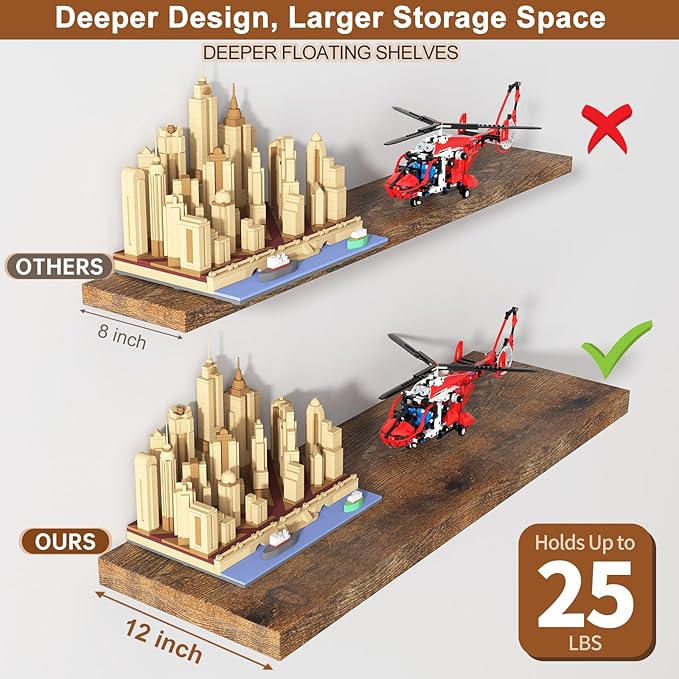12 Inch Deep Floating Shelves for Wall 3 Pack Floating Shelfs Large Storage Space Wall Decor Display Shelf for Bathroom Living Room Bedroom Kitchen 36" W x 12" D x 1.2" H Rustic Brown