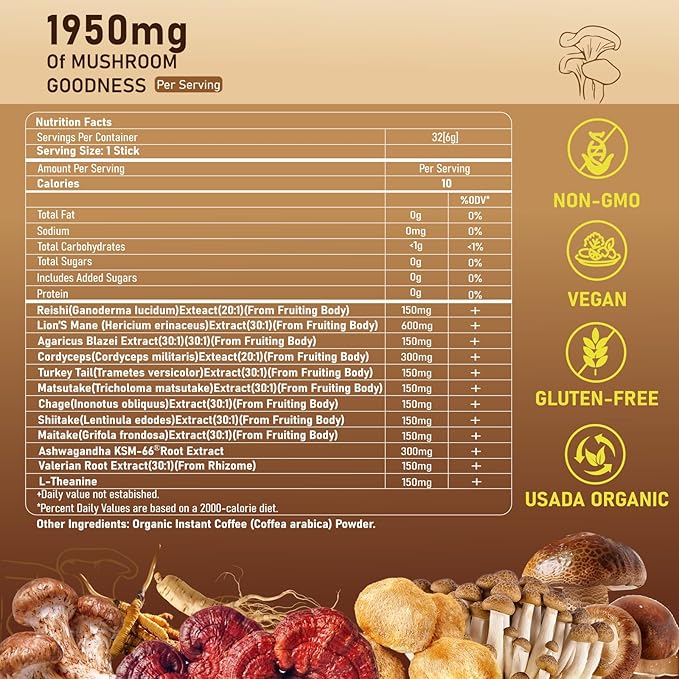 Mushroom Coffee, Instant Blend Mushroom Coffee with Lions Mane Cordyceps Reishi for Energy Focus Mood Support and Immune Boost(32 Servings)