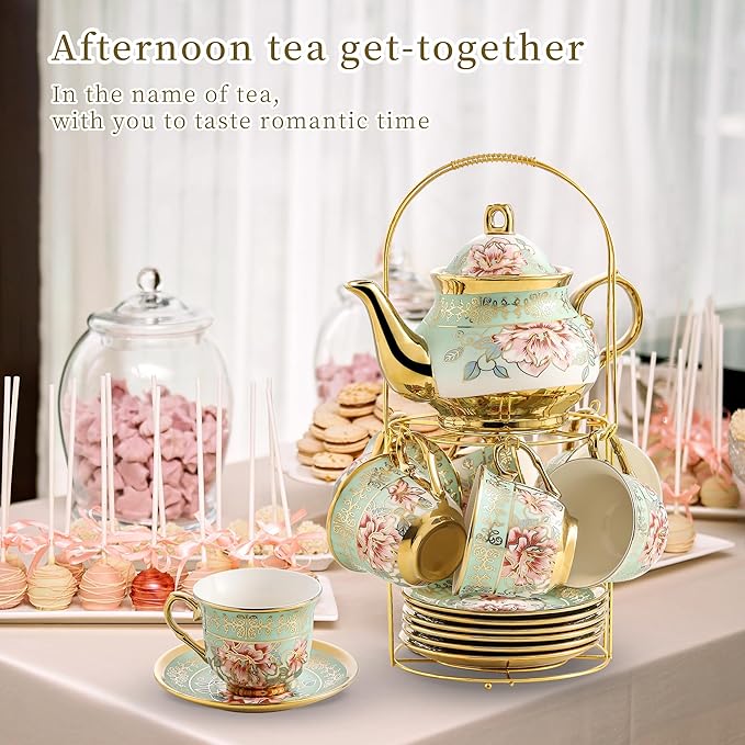 20 Pieces Porcelain Tea Set With Metal Holder, European Ceramic tea set for adults,Flower Tea Set,Tea Set For Women With Flower Painting（Light Green）