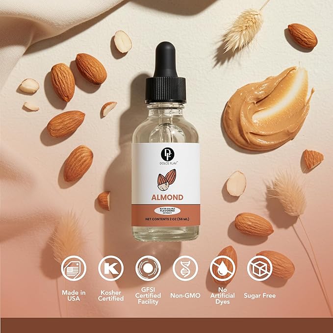 Dolce Flav Natural Almond Extract – 2 Ounce Water-Soluble Kosher, Sugar-Free, Concentrated Pure Almond Flavoring for Baking, Pastries & Beverages, Includes Measured Dropper