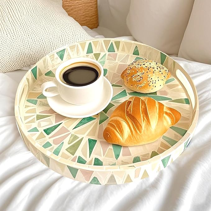 I-lan 12 Inch Round Beige Green Mother of Pearl Severing Tray with Handle and 2 Inch Side, Lacquer Wooden Shell Decorative Plate, Gorgeous Inlay Nacre Ottoman Tray for Food, Breakfast, Coffee Table, S