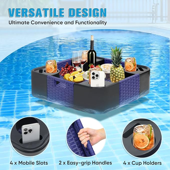 COOS BAY 24''x24'' Square Floating Drink Holder for Pool and Hot Hub, Large Floating Serving Tray with Handles, Wicker Floating Pool Tray for Food and Drinks, Blue