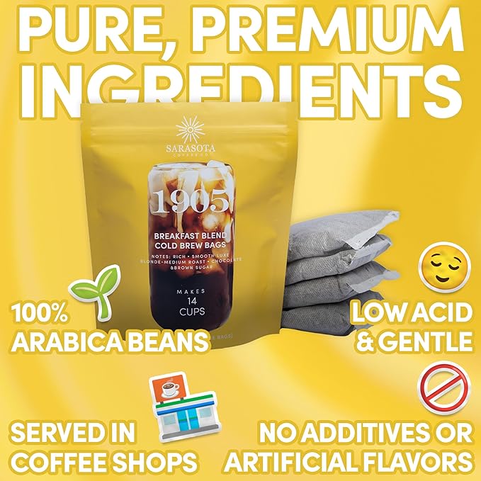 Sarasota Coffee 1905 Cold Brew Coffee Bags | Breakfast Blend Blonde-Medium Roast | 100% Arabica | Smooth & Low Acid | Ground Pouches | Cold Brew Kit Makes 14 Cups | Rich & Smooth Flavor