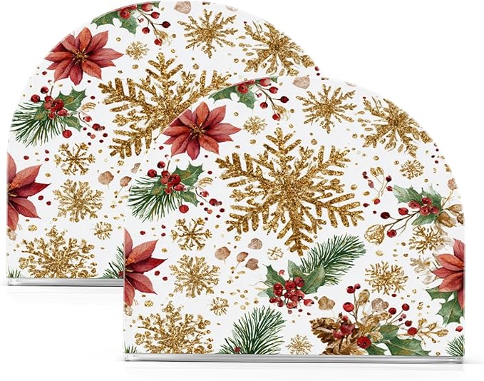 Golden Glitter Snowflakes Napkin Holder for Table Paper Cocktail Napkin Holders for Kitchen Dinning Acrylic Dinner Napkin Dispenser for Dinner Home Decor Bar 2 Pack