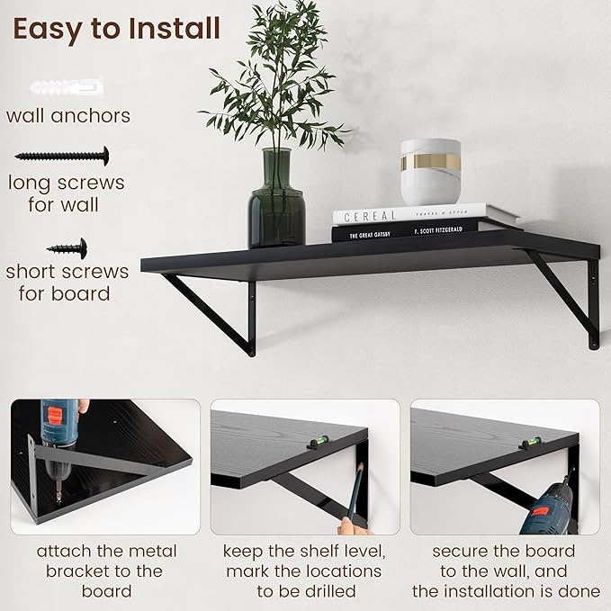 Axeman Deep Floating Shelves - 30 Inch Black Floating Shelves Set of 2-12 Inch Deep Wood Wall Shelves for Living Room Bathroom Kitchen