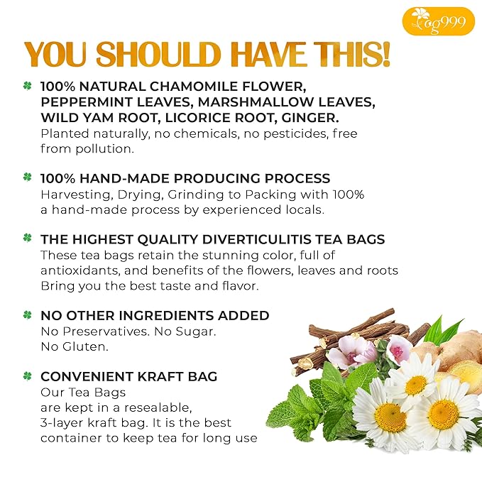 TOG999, Diverticulitis Tea Bags | 40 Count | 100% Natural Chamomile, Peppermint, Marshmallow Leaf, Wild Yam Root, Licorice & Ginger Herbal Blend – Caffeine-Free Comfort Tea, Vegan.