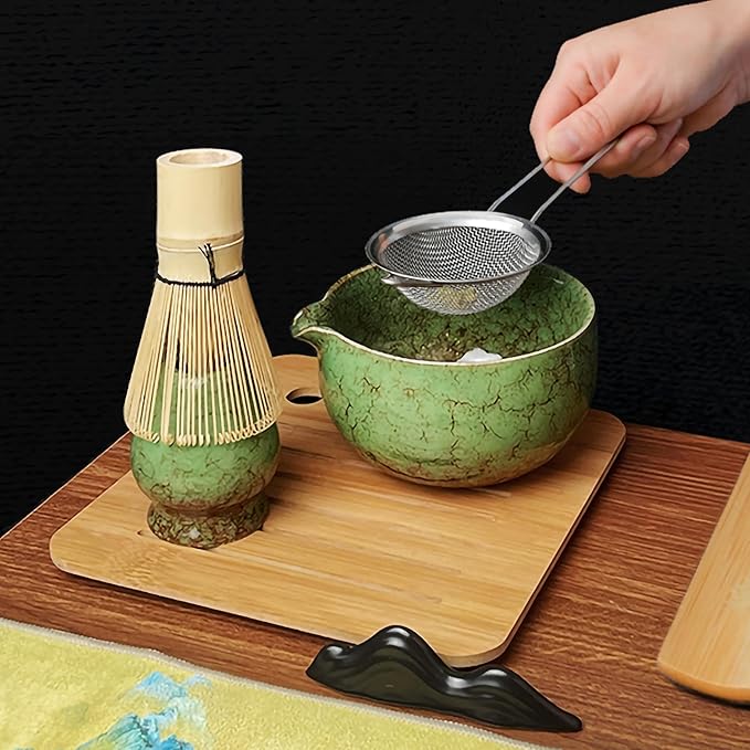 Matcha Whisk Set (7pcs) - Matcha Set with Whisk,Pouring Spout Bowl,Chasen Holder,Powder Sifter,Bamboo Scoop with Stand,Tea Cloth,Perfect Tools Kit for Tea Ceremony (Matcha Green)