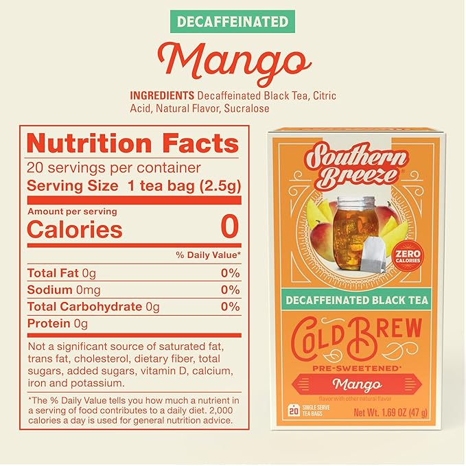 Southern Breeze Decaf Cold Brew Sweet Tea Mango Iced Tea with Black Tea and Zero Carbs Zero Sugar, 20 Individually Wrapped Tea Bags, Pack of 4