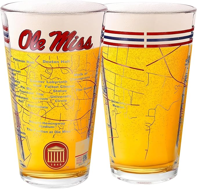 Greenline Goods – University of Mississippi Rebels College Pint Beer Glasses (Set of 2), 16 oz – Full-Color Logo + Campus Map