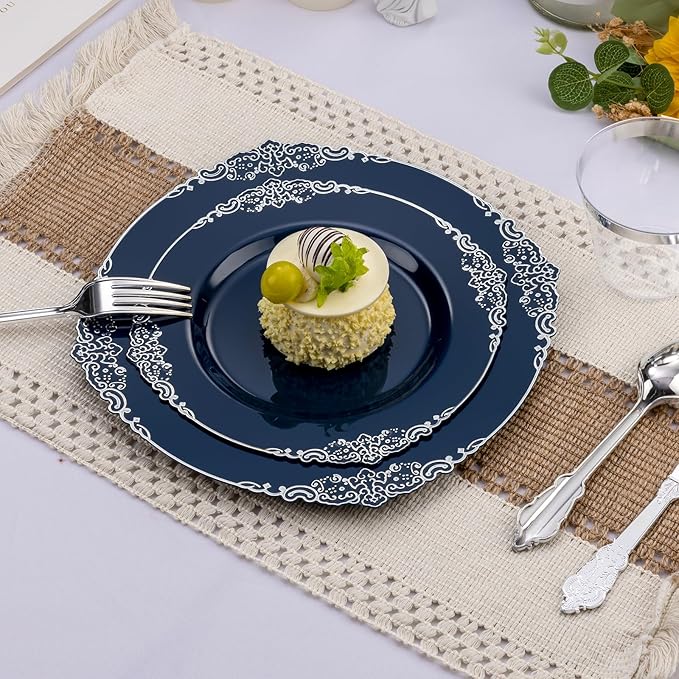 175PCS Navy Blue Plastic Plates for 25 Guests, Disposable Plates with Gold Trim include 25 Dinner and Dessert Plates, 75 Gold Silverware, 25 Cups, 25 Napkins for Party, Wedding & Graduation