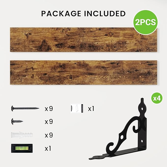 RICHFOCUS Floating Shelves for Wall Decor, 47.3W x 8D Shelves Set of 2, 8 Inch Deep Rustic Wood Shelf Wall Mounted with Brackets, Long Shelves for Living Room Bedroom Kitchen, Rustic Brown