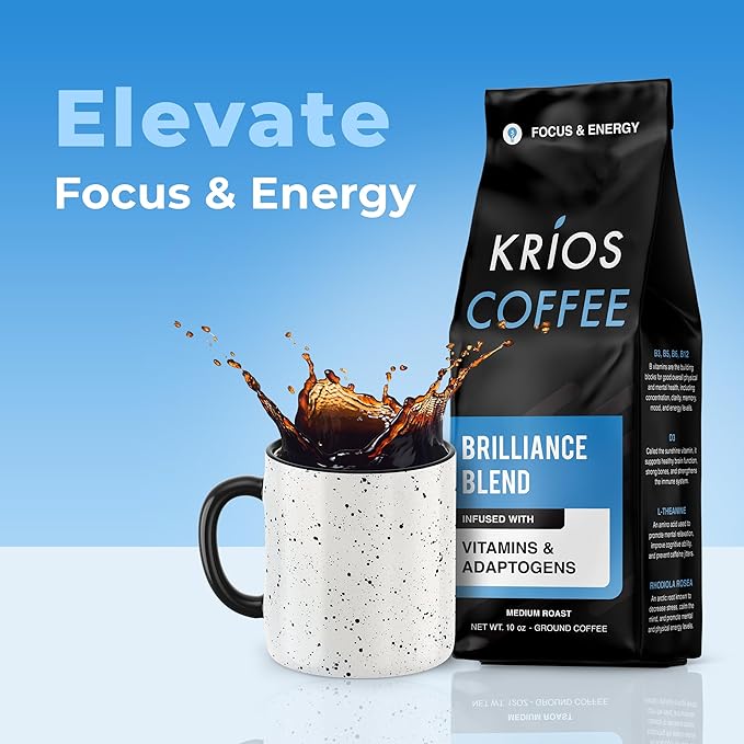 Krios Coffee Brilliance Ground Coffee, Enhance Energy & Focus with Essential Vitamins, L-Theanine & Rhodiola Rosea, Medium Roast, Smooth, 10 oz bag