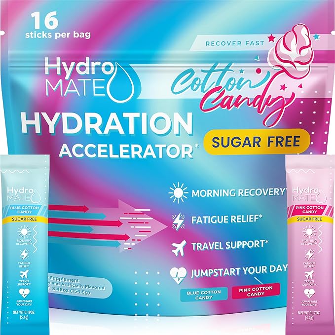 HydroMATE Electrolytes Powder No Sugar Cotton Candy - 16 Sticks Instant Hydration Packets with Vitamin C to Boost Energy - Sugar Free Electrolytes to Support Hydration on Keto Diet & Party Recovery