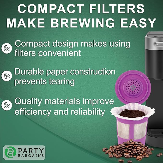 Party Bargains 300 Disposable Paper Coffee Filters – White Compact Design for Keurig Brewers and Compatible with K-Cup Pods 1.0 & 2.0 Models, single use coffee filters