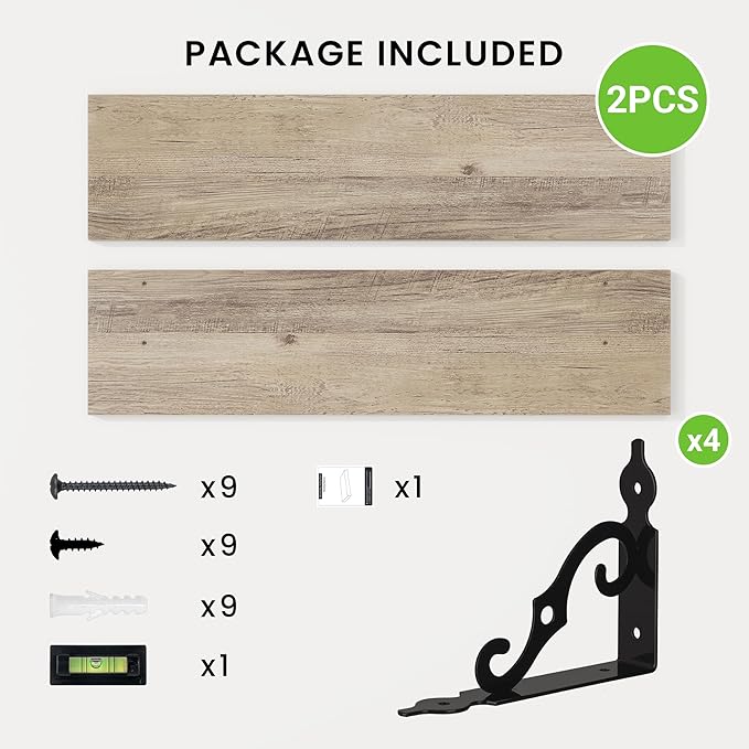 RICHFOCUS Floating Shelves for Wall Decor, 31.5W x 8D Shelves Set of 2, 8" Deep Rustic Wood Floating Shelves Wall Mounted with Metal Brackets, Shelves for Living Room Bedroom Kitchen, Grey