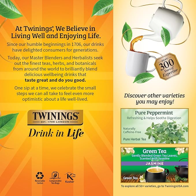 Twinings Lemon & Ginger Herbal Tea Individually Wrapped Bags, 25 Count (Pack of 6), Spicy Ginger, Lemon Peel, & Lemongrass, Naturally Caffeine-Free, Enjoy Hot or Iced, 150 Teabags