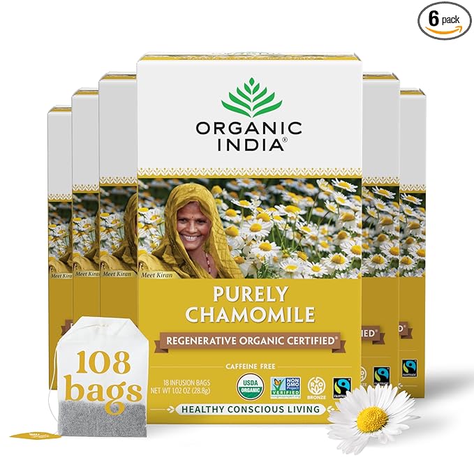 Organic India Purely Chamomile Tea - Regenerative Organic Pure Chamomile Flowers, Caffeine Free, Calming & Relaxing Herbal Tea, Natural Support for Sleep & Relaxation - 18 Tea Bags, Pack of 6