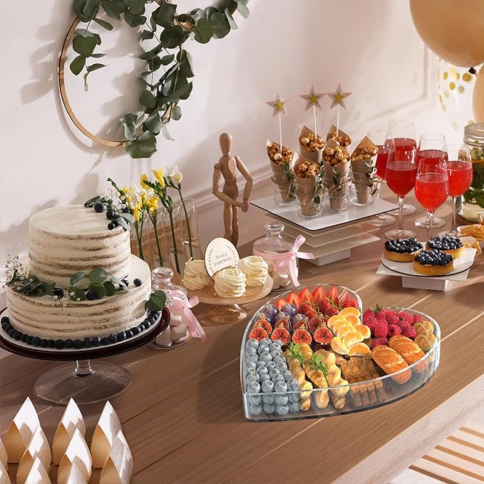 13.8" Acrylic Heart Shaped Charcuterie Tray, Reusable Serving Cake Candy Dish Display Tray for Birthday Anniversary Party Decoration (Heart)