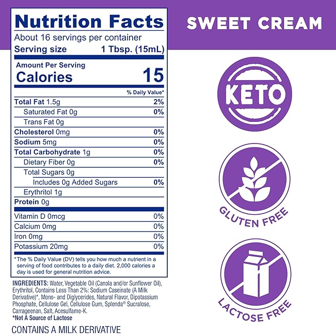 Splenda Sugar Free, Low Calorie Sweet Cream Coffee Creamer, 8 Fl Ounces Bottle