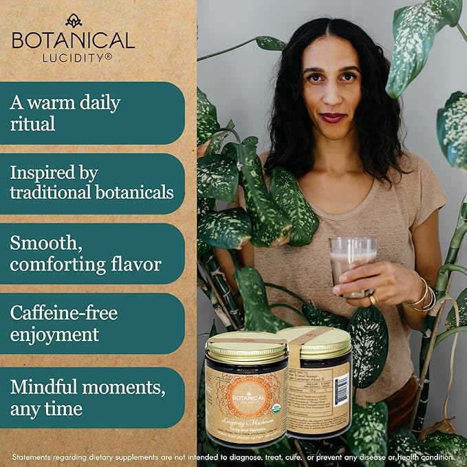 Botanical Lucidity Reishi Mushroom Tea Blend Stocking Stuffers 1.84Oz | Herbal Drink with Reishi, Chaga, Cordyceps, Lion’s Mane, Turkey Tail | Herbal Tea with Cacao for Focus Serve hot, Iced