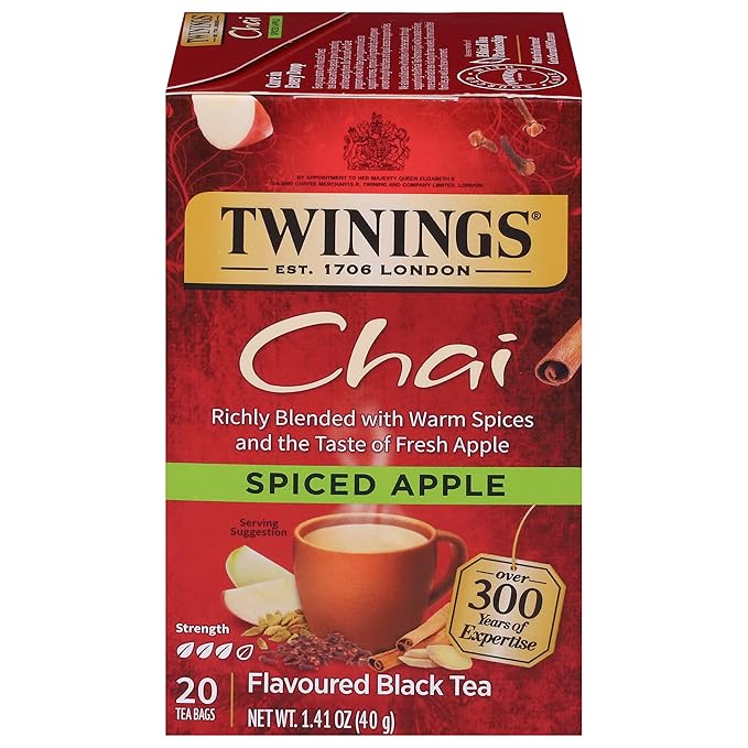 Twinings Spiced Apple Chai Black Tea Individually Wrapped Bags, 20 Count (Pack of 1), Sweet, Savoury Spices, Caffeinated, Enjoy Hot or Iced, 20 Teabags