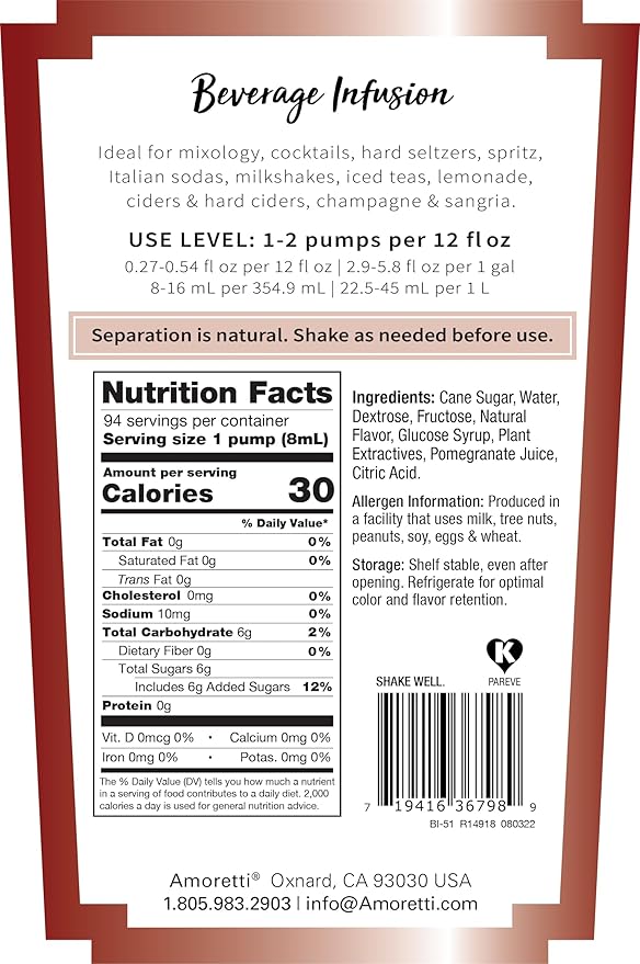 Amoretti - Pomegranate Grenadine Beverage Infusion, (10 lbs) - Drink Mix & Water Enhancer with Pump for Flavoring Cocktails, Waters, Teas, Mocktail and other Beverages, Preservative Free, Gluten Free